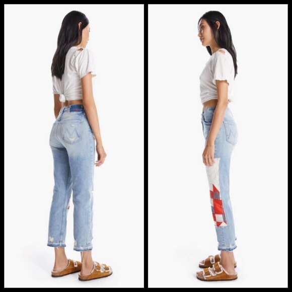 💕MOTHER💕  Patchwork Tomcat Ankle Undone Hem Jean High Rise New Hobbies 24 NWT - Picture 6 of 17